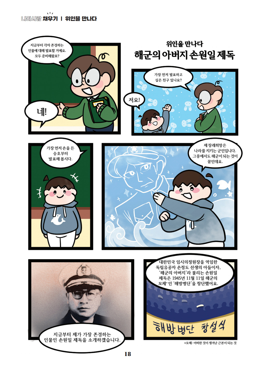 위인을 만나다. 해군의 아버지 손원일 제독. 지금부터 각자 존ㄴ경하는 인물에 대해 발표할 거에요. 모두 준비해왔죠? 네! 가장 먼저 발표하고 싶은 친구 있나요? 저요! 가장 먼저 손을 든 승호부터 발표해봅시다. 제 장래희망은 나라를 지키는 군인입니다. 그중에서도 해군이 되는 것이 꿈인데요. 지금부터 제가 가장 존경하는 인물인 손원일 제독을 소개하겠습니다. 대한민국 임시의정원장을 역임한 독립유공자 손정도 선생의 아들이자, '해군의 아버지'라 불리는 손원일 제독은 1945년 11월 11일 해군의 모체인 '해방병단'을 창단했어요. *모체: 어떠한 것이 생겨난 근본이 되는 것.